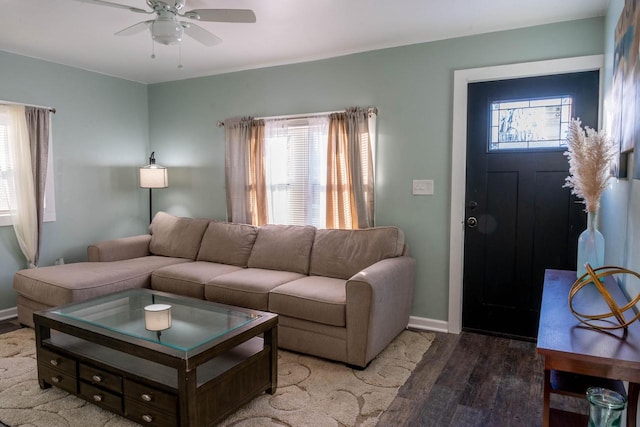 living room with hardwood / wood-style floors, a wealth of natural light, and ceiling fan