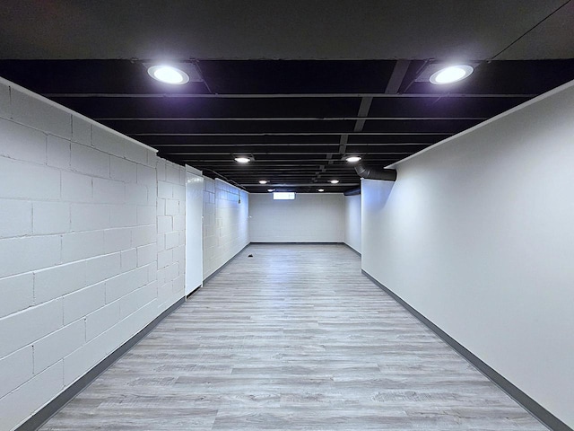 basement featuring light hardwood / wood-style floors