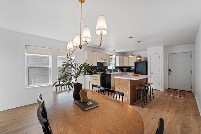 dining area with sink and light hardwood / wood-style flooring