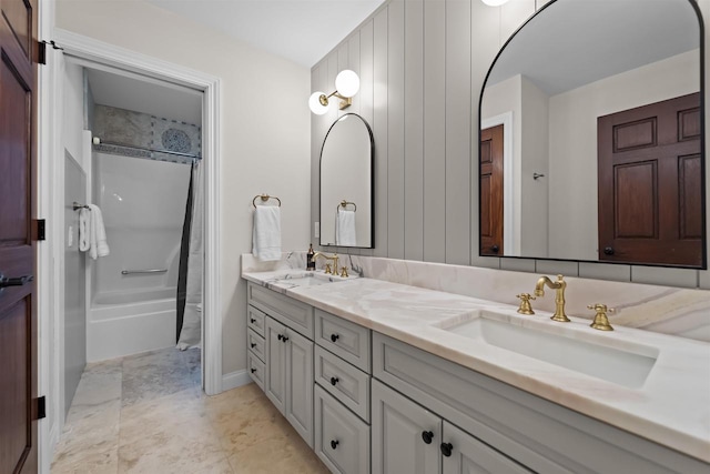 bathroom with vanity and shower / bath combination with curtain