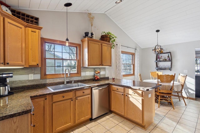 kitchen featuring pendant lighting, sink, stainless steel dishwasher, and kitchen peninsula