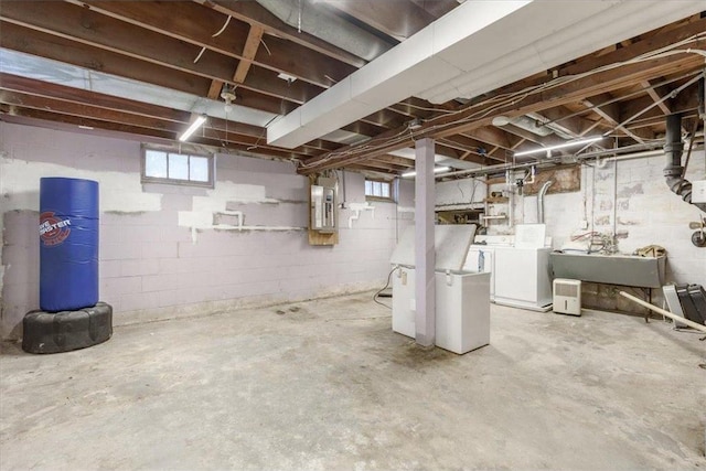 basement with washer and dryer, sink, and electric panel