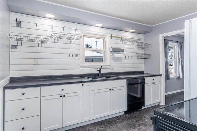 kitchen with sink, white cabinetry, electric range oven, black dishwasher, and a textured ceiling