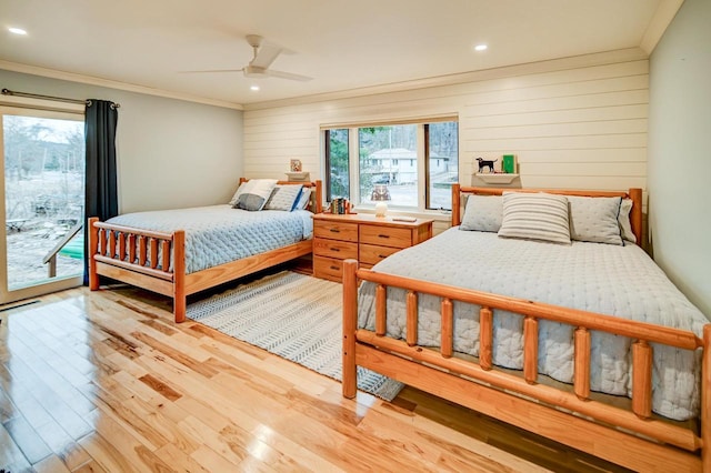 bedroom featuring crown molding, access to outside, ceiling fan, and light wood-type flooring