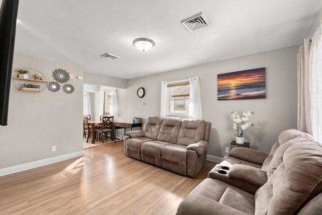 living room with light hardwood / wood-style flooring and a textured ceiling