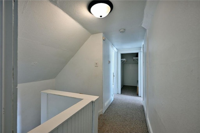 hallway with lofted ceiling and carpet floors