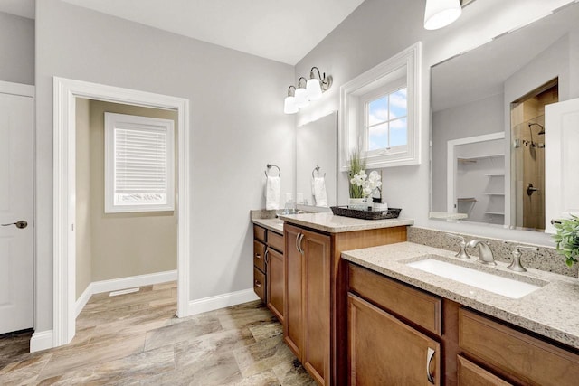 bathroom with walk in shower and vanity