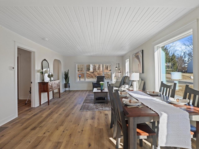 dining space featuring a healthy amount of sunlight, hardwood / wood-style floors, and wooden ceiling