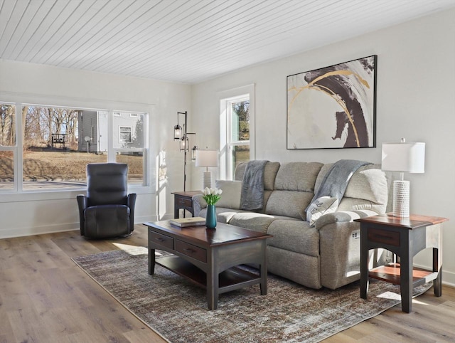 living room with wood ceiling and light hardwood / wood-style floors