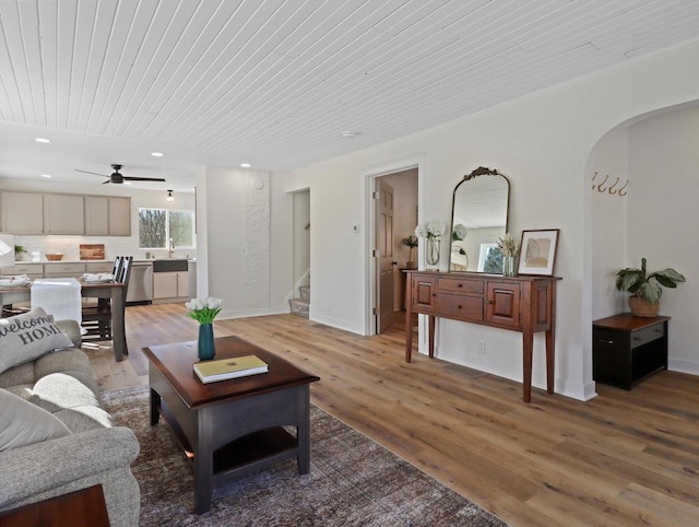 living room featuring sink, hardwood / wood-style floors, and wooden ceiling