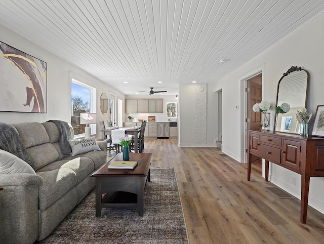 living room with hardwood / wood-style flooring and wood ceiling