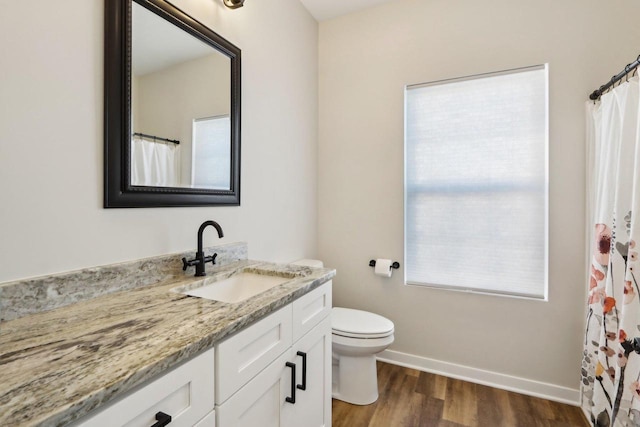 bathroom featuring hardwood / wood-style flooring, vanity, and toilet