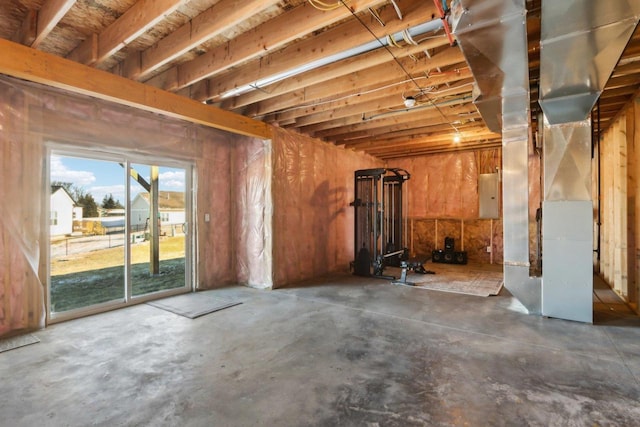 basement with electric panel and heating unit