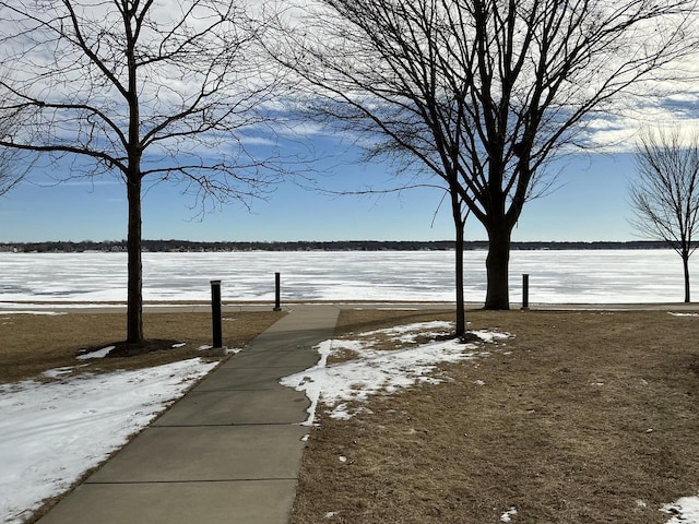 yard layered in snow with a water view