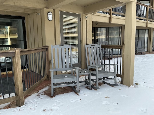 view of snow covered deck