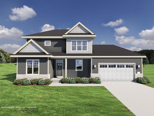 600 E Verleen Ave, Waunakee, WI 53597 - view of front facade featuring concrete driveway, a garage, stone siding, and a front lawn