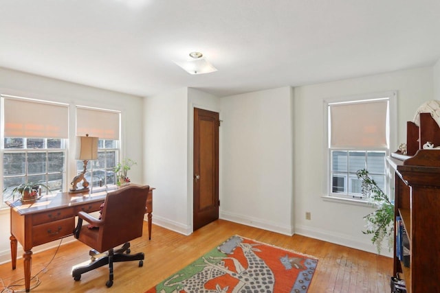 office space with light wood finished floors and baseboards