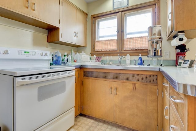 kitchen featuring sink and white range with electric stovetop