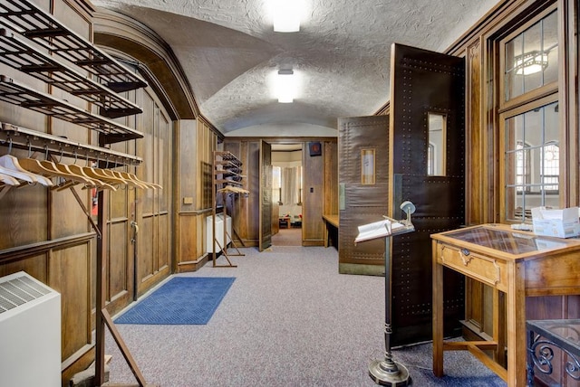 interior space featuring vaulted ceiling and a textured ceiling