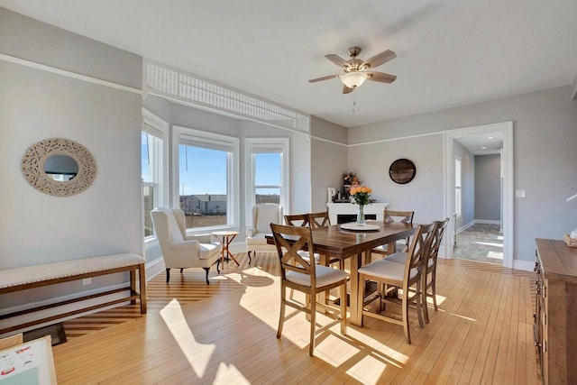 dining area featuring ceiling fan and light hardwood / wood-style flooring