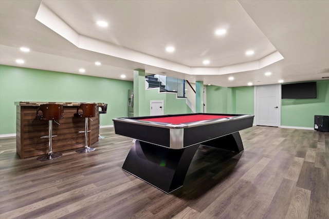 4922 W Dean Rd, Milwaukee, WI 53223 - game room featuring baseboards, wood finished floors, billiards table, a dry bar, and a raised ceiling