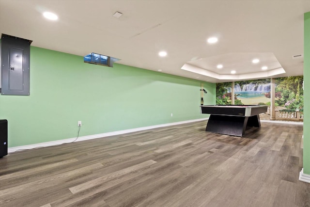 4922 W Dean Rd, Milwaukee, WI 53223 - game room featuring electric panel, baseboards, recessed lighting, wood finished floors, and billiards