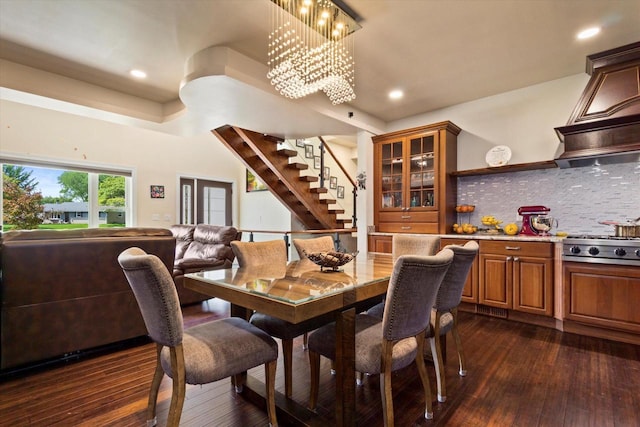 4922 W Dean Rd, Milwaukee, WI 53223 - dining room featuring dark wood-type flooring, stairway, recessed lighting, and a chandelier