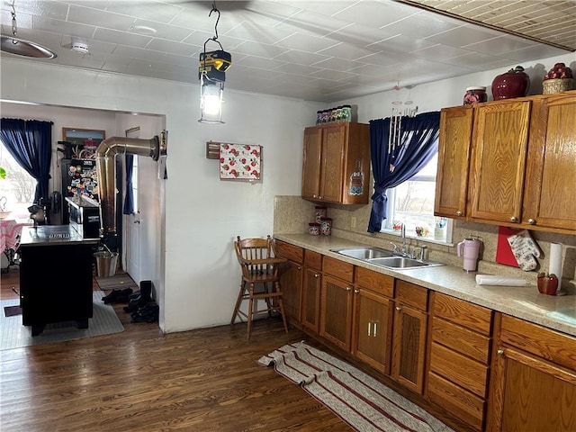 kitchen with dark hardwood / wood-style flooring, sink, pendant lighting, and backsplash