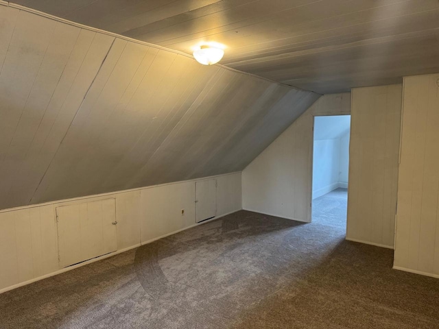 1820 54th St, Kenosha, WI 53140 - additional living space featuring dark carpet, lofted ceiling, and wooden walls