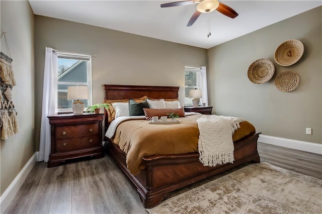 bedroom with ceiling fan and wood-type flooring