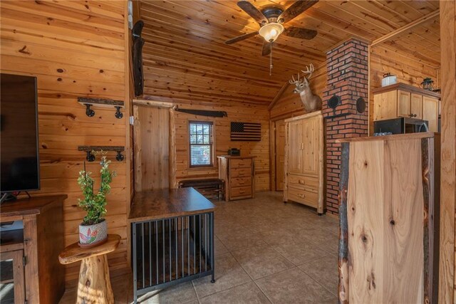 W268 County Highway A, Stone Lake, WI 54876 - interior space with ceiling fan, wood walls, lofted ceiling, and wooden ceiling