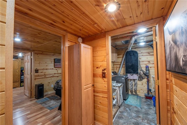 W268 County Highway A, Stone Lake, WI 54876 - corridor featuring wooden walls, wooden ceiling, and wood-type flooring