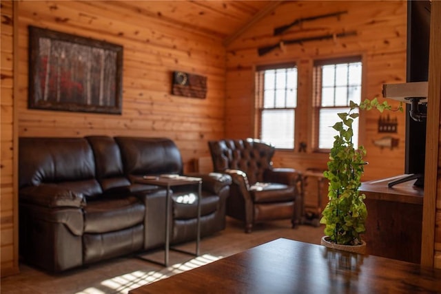 W268 County Highway A, Stone Lake, WI 54876 - living room with lofted ceiling, wooden walls, and wooden ceiling