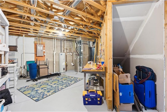 basement featuring heating unit, electric panel, and water heater