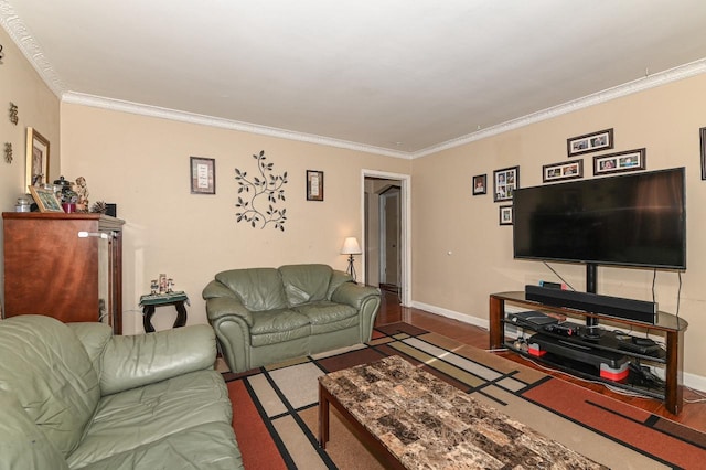 living room with hardwood / wood-style flooring and ornamental molding