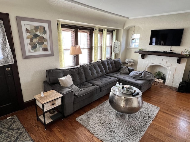 living room with a healthy amount of sunlight, a stone fireplace, dark wood-type flooring, and ornamental molding