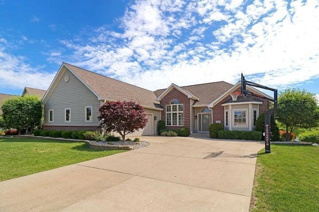 single story home with a garage and a front lawn