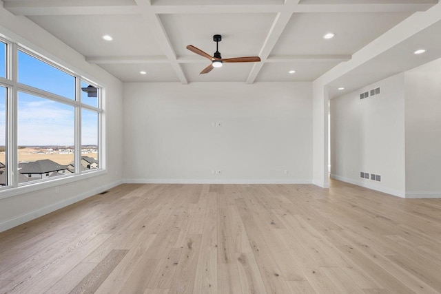 empty room featuring beamed ceiling, ceiling fan, coffered ceiling, and light wood-type flooring