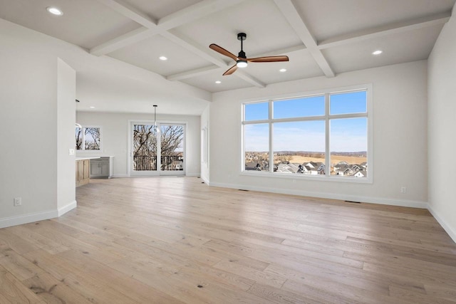 unfurnished living room with beam ceiling, ceiling fan, coffered ceiling, and light wood-type flooring