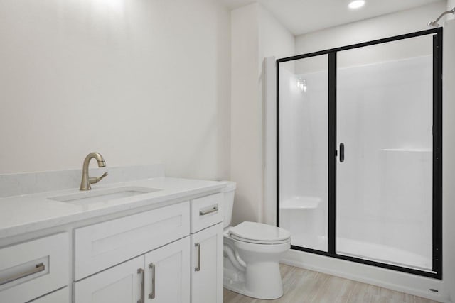 bathroom with vanity, an enclosed shower, and toilet