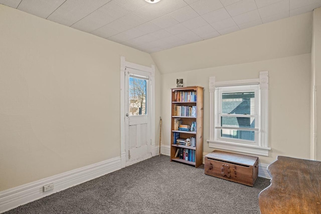 interior space with lofted ceiling, carpet floors, and a healthy amount of sunlight