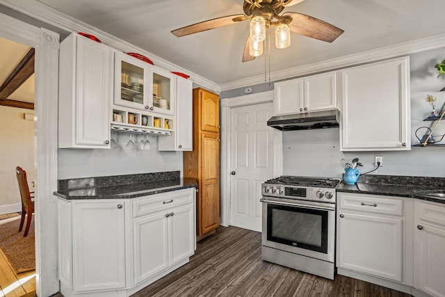 kitchen featuring stainless steel range with gas cooktop, dark hardwood / wood-style floors, white cabinets, and ceiling fan