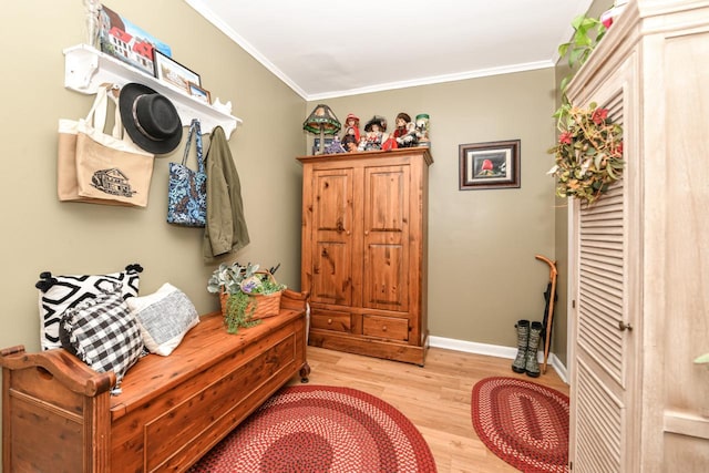 mudroom with ornamental molding and light wood-type flooring