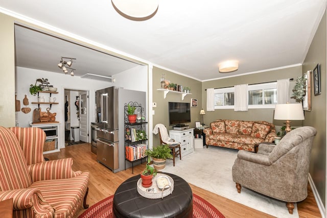 living room featuring ornamental molding and light hardwood / wood-style flooring