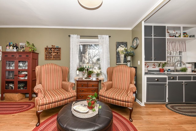 sitting room featuring crown molding, sink, and light hardwood / wood-style flooring