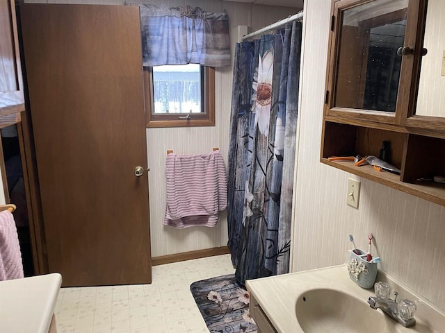 bathroom featuring vanity and a shower with shower curtain