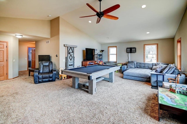 game room featuring ceiling fan, carpet flooring, high vaulted ceiling, and billiards