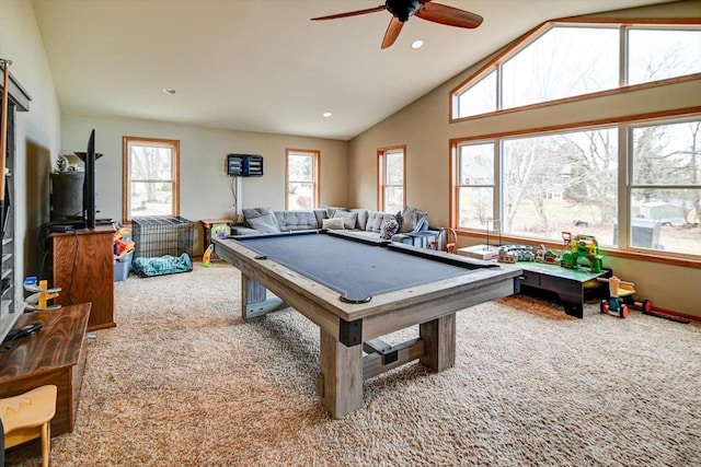 game room featuring pool table, plenty of natural light, high vaulted ceiling, and carpet