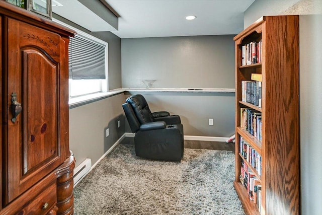 living area featuring a baseboard radiator and hardwood / wood-style floors