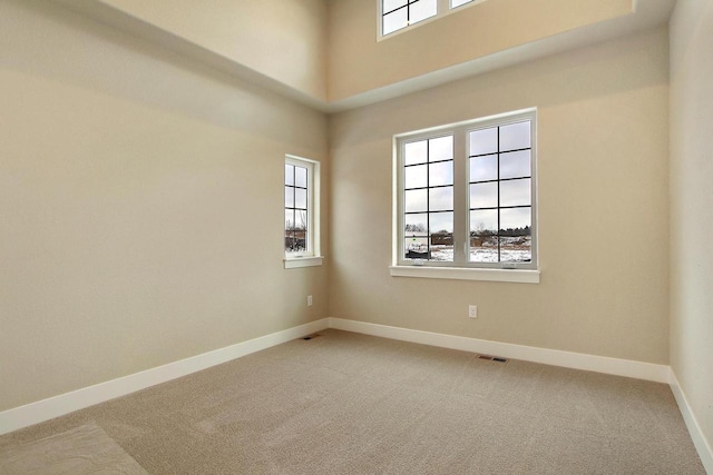 spare room featuring plenty of natural light, carpet floors, and a towering ceiling